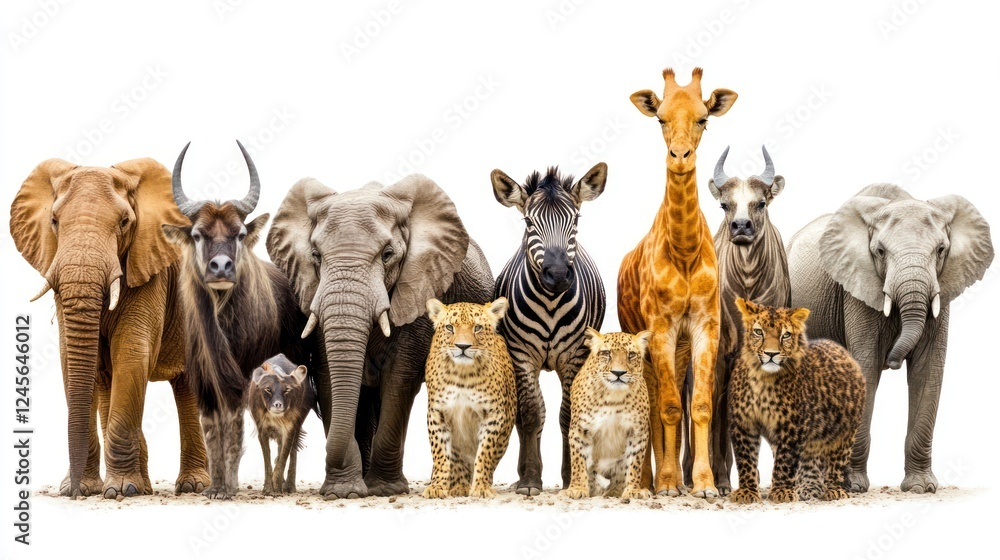 Fototapeta premium African wildlife group elephant, giraffe, lion, zebra, leopard.