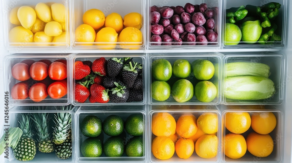 A well-organized fridge with fresh produce and clear storage bins. A well-organized fridge with fresh produce and clear storage bins.
