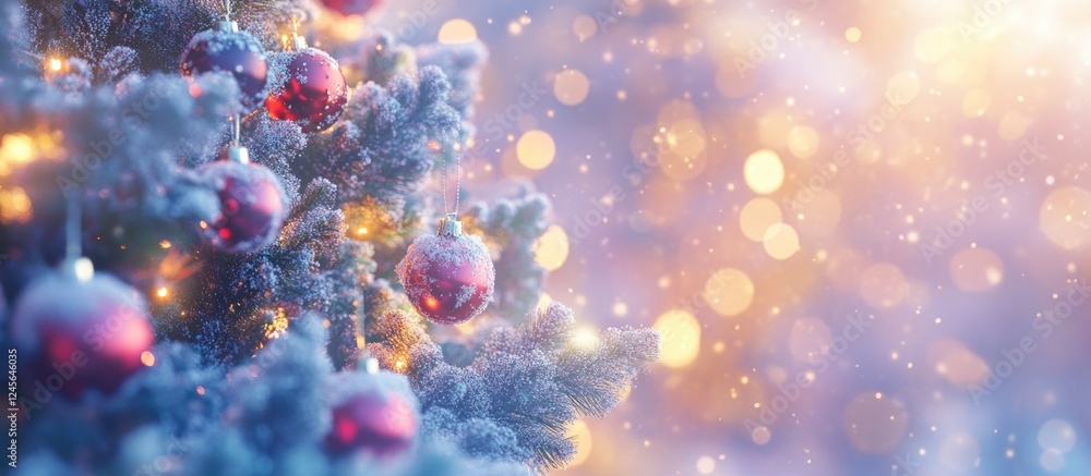Fototapeta premium Vibrant baubles on a snow-covered Christmas tree with a soft bokeh background and falling snowflakes creating a magical winter scene