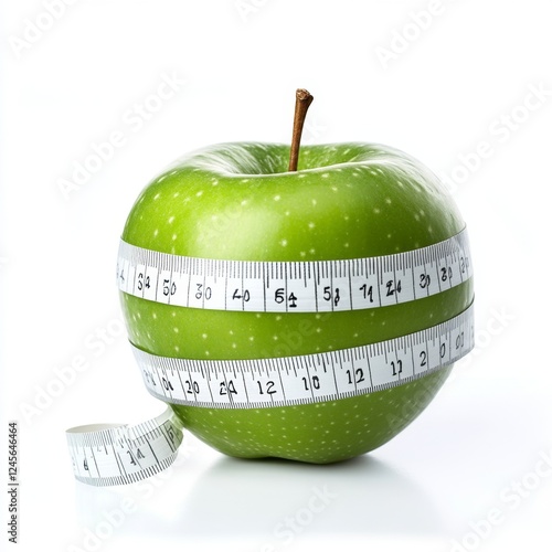 Green apple, measuring tape, diet, health, white background, studio shot, weight loss