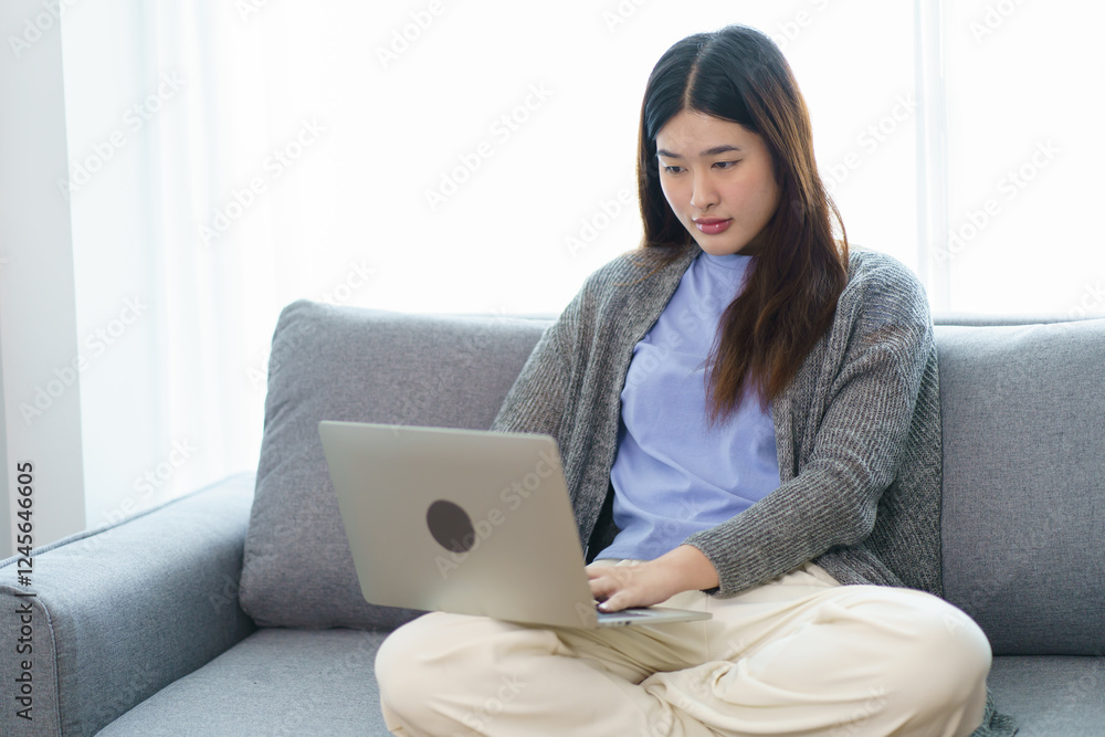Happy beautiful Asian Woman. Business woman working from home with laptop Financial Home work space concept. Happy beautiful Asian Woman. Business woman working from home with laptop Financial Home work space concept.
