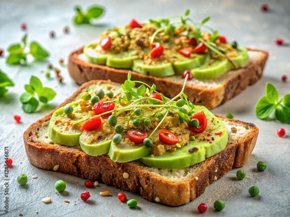 Fresh Avocado Toast with Microgreens & Red Pepper Flakes - Healthy Breakfast Food Stock Photo Fresh Avocado Toast with Microgreens & Red Pepper Flakes - Healthy Breakfast Food Stock Photo