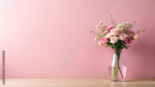 Wallpaper Mural A delicate bouquet of pastel roses and wildflowers arranged in a clear glass vase sits on a light wooden surface against a soft pink background. Torontodigital.ca