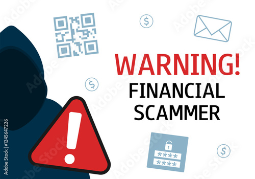Banner, poster warning about financial internet fraud. Fake QR code, SPAM mailing, hacking. Unknown man in a hood. Phishing scam concept. 