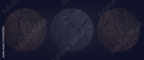 Vector set of line abstract floral circles, leaves nature logos. Garden elegant design, organic round pattern, luxury bloom, minimalist cosmetic emblem.