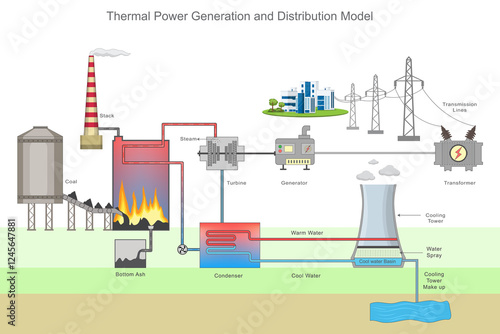Thermal power generation and distribution model showing energy production, turbines, generators, and supply
