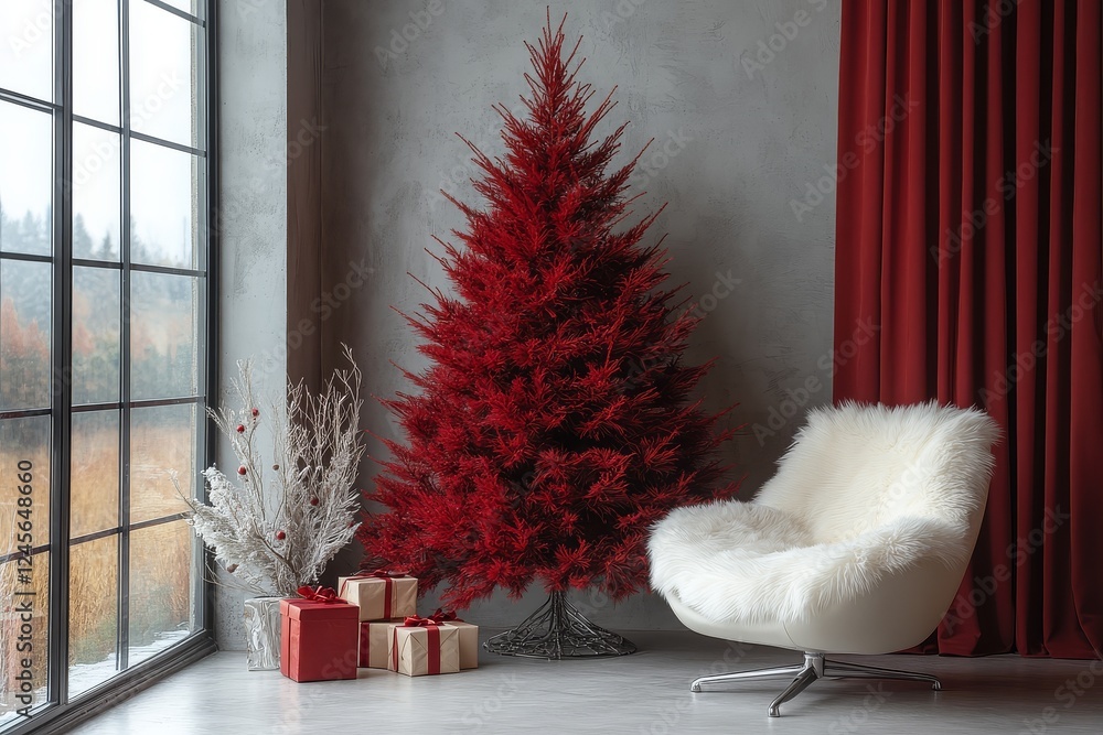Obraz premium Elegant red Christmas tree with gifts and decor, paired with a white fur armchair and silver accents, set against a sophisticated gray wall backdrop.