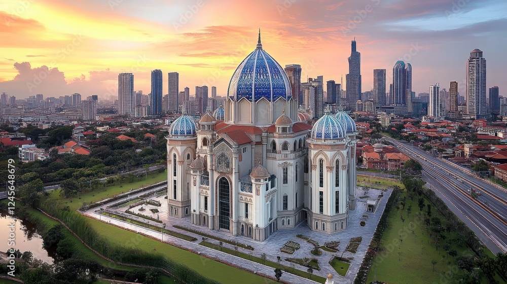 Fototapeta premium Aerial Sunrise View of Majestic Cathedral in Urban Setting