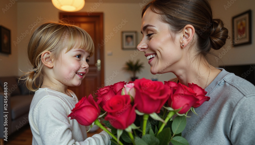 A young child handing a bouquet of red roses to her smiling mother, symbolizing love and gratitude on Mother’s Day. A young child handing a bouquet of red roses to her smiling mother, symbolizing love and gratitude on Mother’s Day.