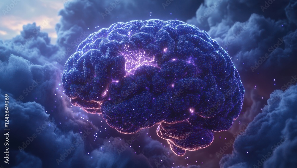Obraz premium Stunning Abstract Brain Visualization with Glowing Neural Connections Against a Dramatic Cloudy Background in Vibrant Colors