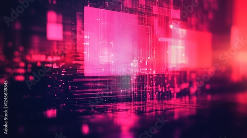 Abstract digital background with glowing pink and red rectangles and lines.
