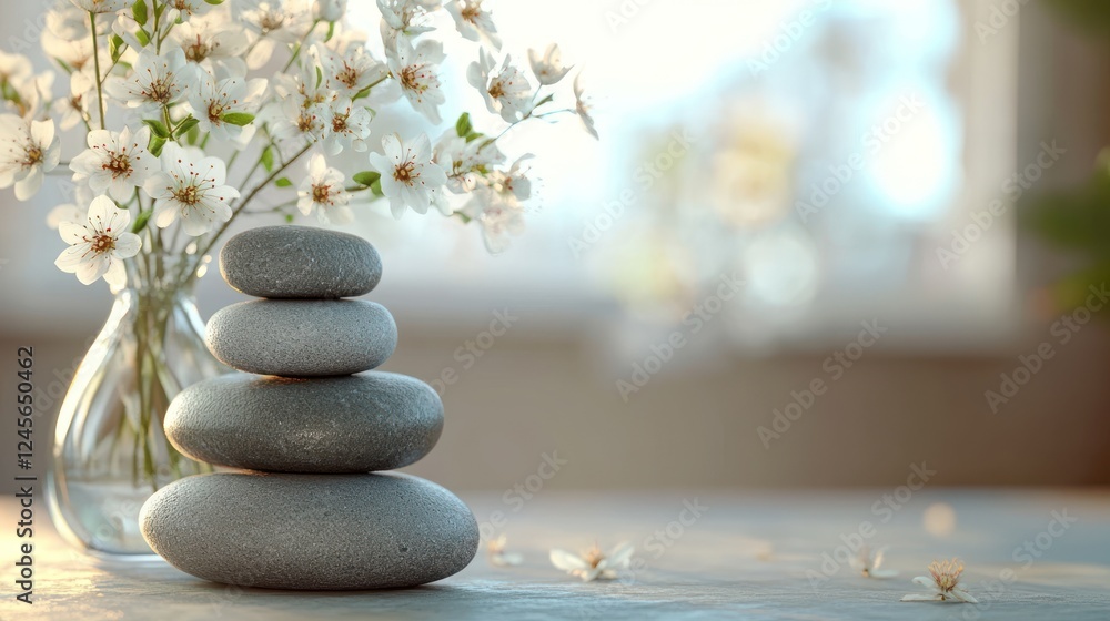 Zen stones, spring flowers, sunlit room, tranquility