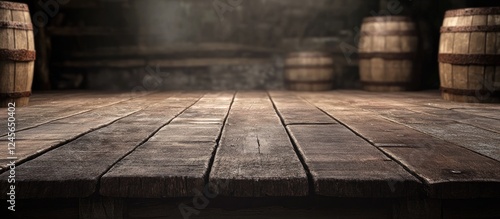 Rustic dark wooden table top in focus with aged barrels in the background softly illuminated creating a vintage atmosphere for product display photo