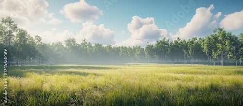 Fototapeta Naklejka Na Ścianę i Meble -  Vibrant green tall grass field under a clear blue sky with soft clouds surrounded by a lush forest creating a serene and peaceful landscape