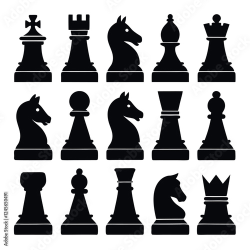 Simple Black and White Chess Pieces Vector Illustration