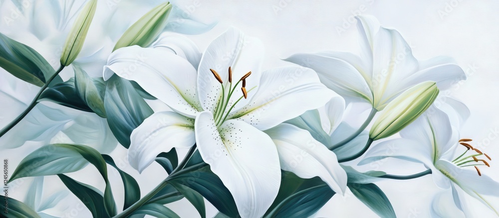 Elegant white lilies with vibrant green leaves arranged beautifully against a soft white background showcasing their striking beauty and simplicity. Elegant white lilies with vibrant green leaves arranged beautifully against a soft white background showcasing their striking beauty and simplicity.