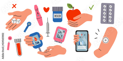 Diabetes management concept set. Collection of people check and monitor blood sugar level with glucometer, insulin pump, glucose monitors. Hands hold various diabetes devices. Vector illustration