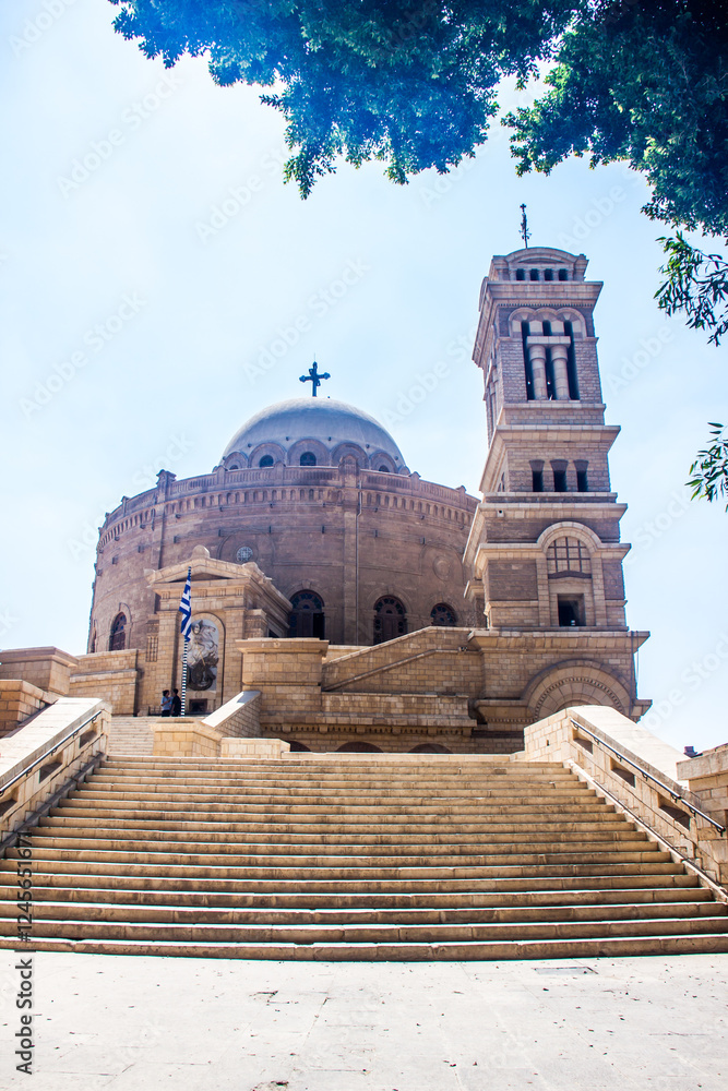 Fototapeta premium Catholic Christian Church, Orthodox, Coptic archeology landmark, ancient religion civilization holy building, travel, tourism, selective focus, shallow depth of field, Cairo Egypt on 26 September 2024