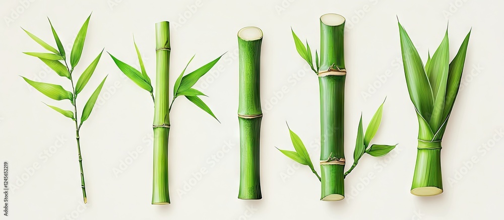 Fototapeta premium Minimalist illustration of Phyllostachys Aureosulcata bamboo featuring vibrant green colors arranged in vertical alignment on a light neutral background