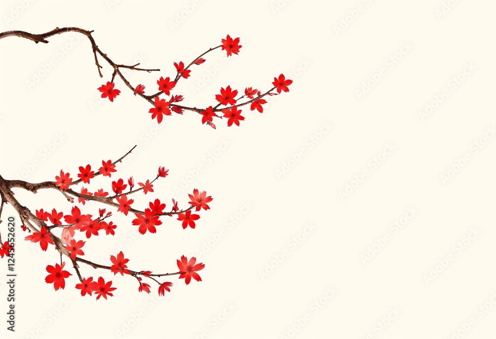 Red Blossoms Bloom Gracefully on Branches Against a Soft Background. Generative AI Red Blossoms Bloom Gracefully on Branches Against a Soft Background. Generative AI
