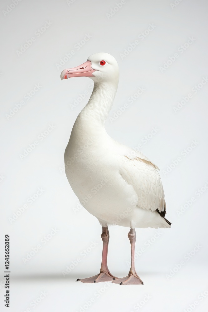 A white bird stands upright on a plain background, showcasing its pink bill and legs, emphasizing its unique features and elegant posture. A white bird stands upright on a plain background, showcasing its pink bill and legs, emphasizing its unique features and elegant posture.