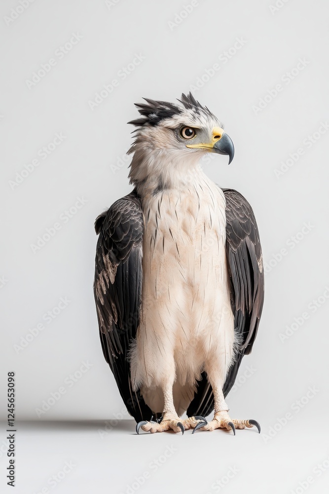 A striking eagle stands tall, showcasing its unique plumage and regal presence against a plain background. A striking eagle stands tall, showcasing its unique plumage and regal presence against a plain background.