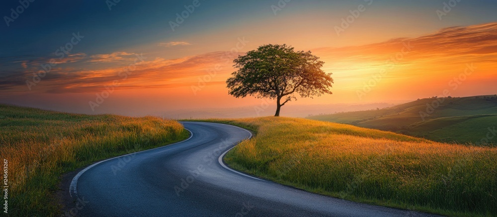 Fototapeta premium Lone tree on a green hill beside a winding road at sunset with orange and blue hues creating a tranquil and picturesque evening scene