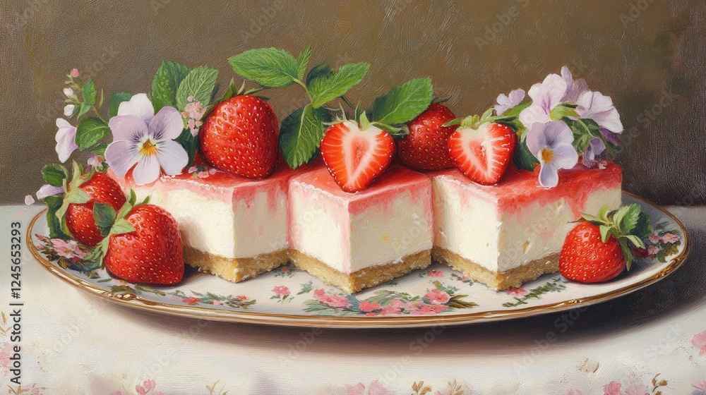 An artistic presentation of strawberry cheesecake squares on a decorative plate, garnished with edible flowers and fresh mint leaves for a gourmet touch. An artistic presentation of strawberry cheesecake squares on a decorative plate, garnished with edible flowers and fresh mint leaves for a gourmet touch.