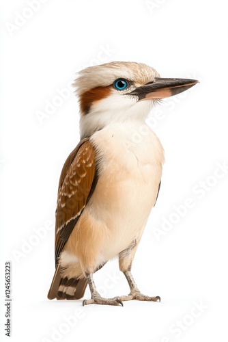 A colorful kookaburra stands upright, showcasing its striking blue eyes and distinct plumage against a plain background.