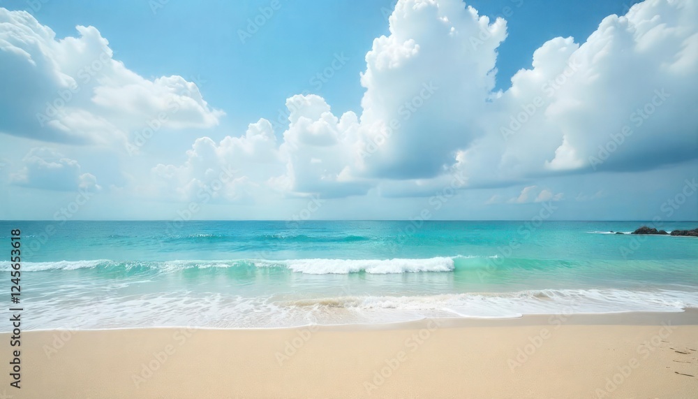 Serene Beach Scene with Turquoise Water and Fluffy Clouds Serene Beach Scene with Turquoise Water and Fluffy Clouds