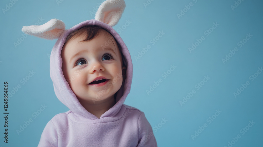 Italian 7-year-old baby wearing lavender hoodie with bunny ears on soft blue for Easter celebration Italian 7-year-old baby wearing lavender hoodie with bunny ears on soft blue for Easter celebration