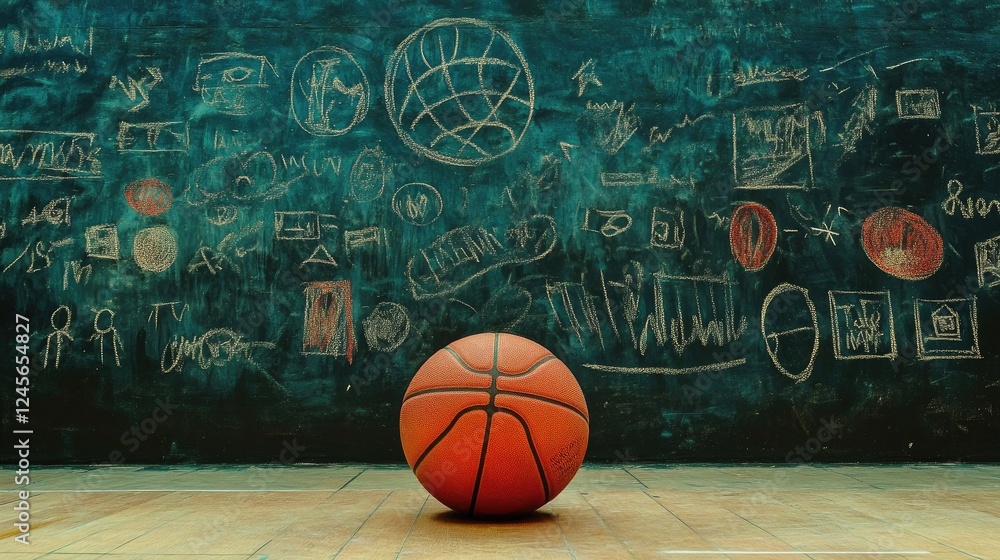 Fototapeta premium A basketball sitting on a gym floor with motivational quotes and chalk drawings in the background, creating an inspiring athletic atmosphere.