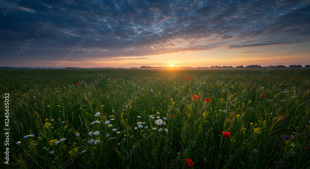 Obraz premium Golden Hour over the Meadow: The rising or setting sun casts a warm glow over a vast meadow, with wildflowers and lush greenery creating a scene of tranquil beauty.