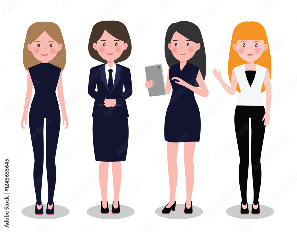 business team. Vector illustration of cartoon women in different poses in business suits. business team. Vector illustration of cartoon women in different poses in business suits.