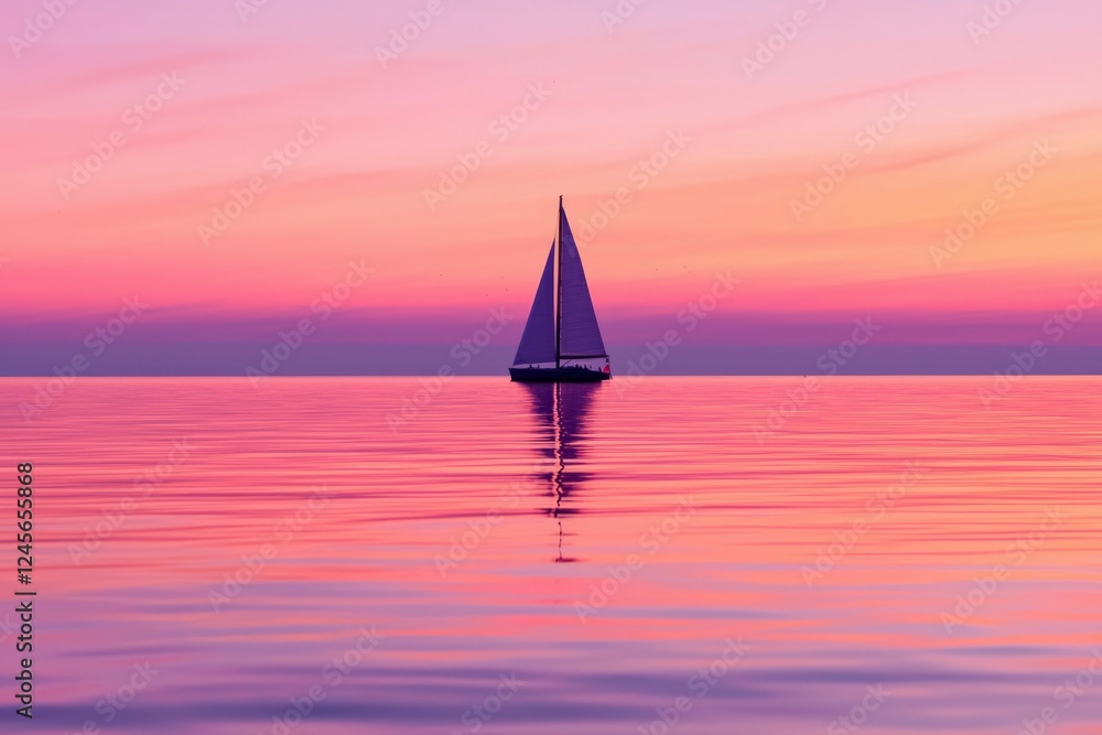 Fototapeta premium Sailboat at Sunset on Calm Pink Water