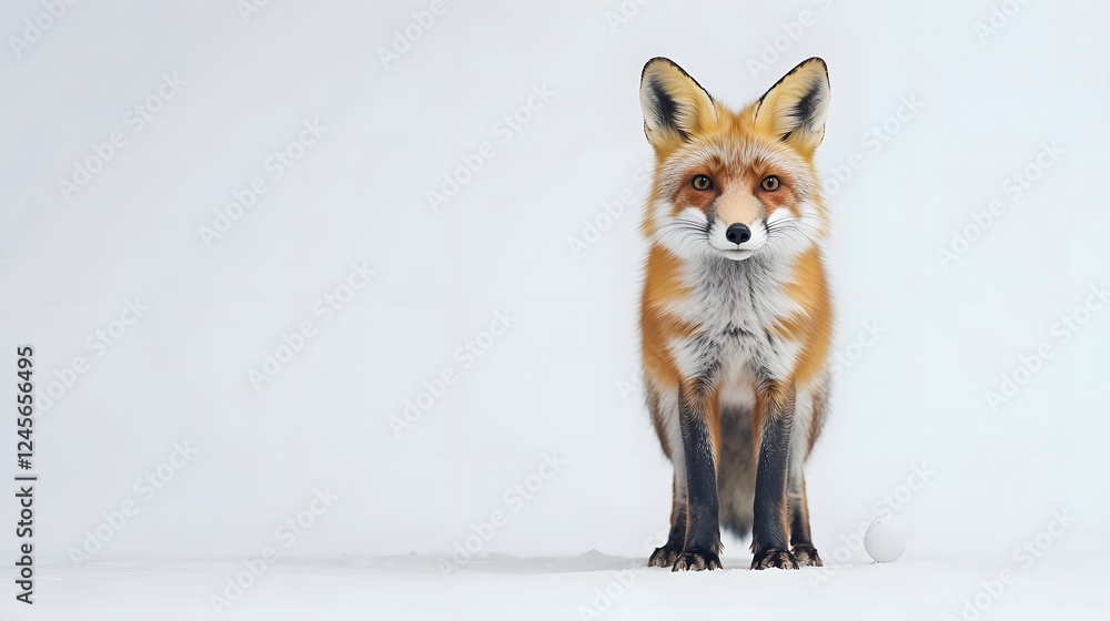 Fototapeta premium A realistic red fox standing on a white background, showcasing its vibrant fur and alert expression