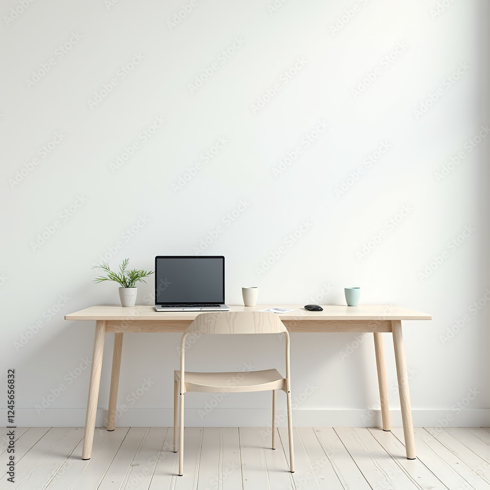 Minimalist Office Desk, Bright Laptop, Clean Cup Minimalist Office Desk, Bright Laptop, Clean Cup