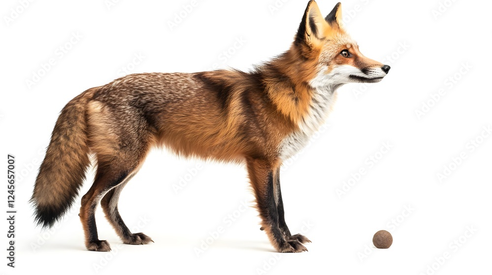 Fototapeta premium A realistic fox standing on a white background, intently watching a small ball nearby