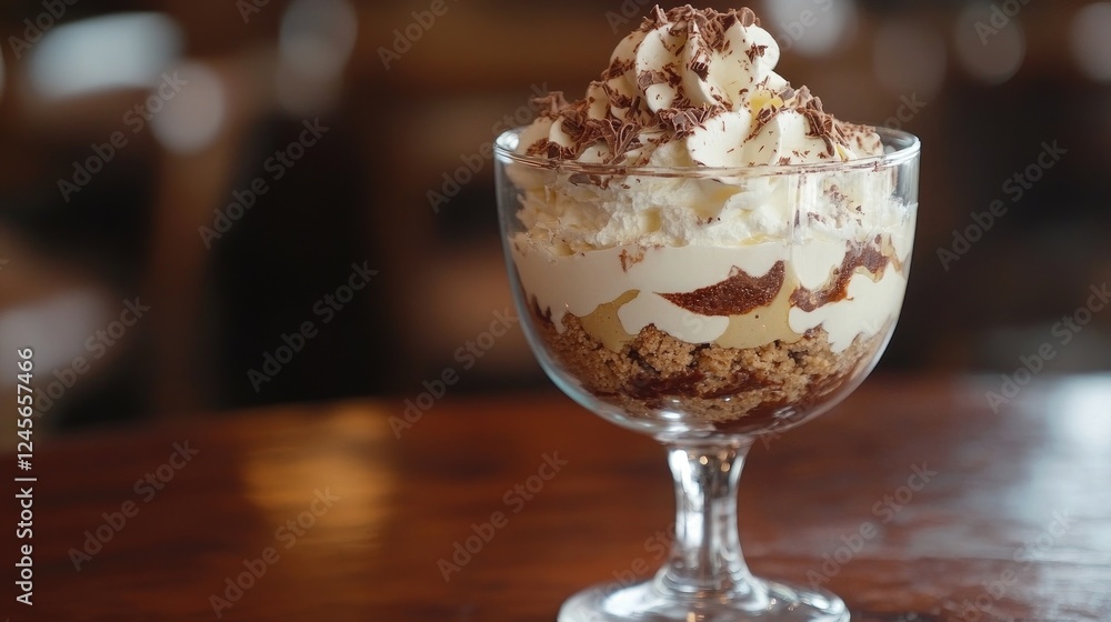 A decadent dessert glass filled with layers of whipped cream, chocolate mousse, and crumbled cookies, presenting an enticing treat ready to be enjoyed. A decadent dessert glass filled with layers of whipped cream, chocolate mousse, and crumbled cookies, presenting an enticing treat ready to be enjoyed.