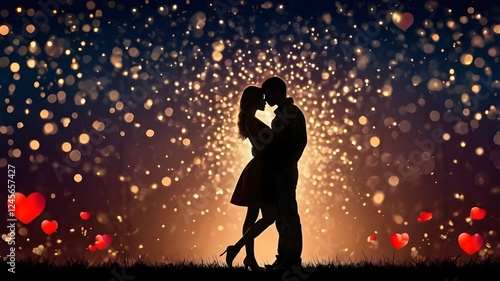 Romantic Couple Silhouette Sparkling Bokeh Lights Love Valentine s Day.