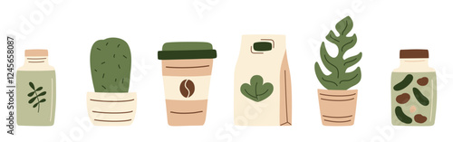 Canned food, cup of coffee, paper bag, plant and cactus in a row. Meal preserved in a glass jar from supermarket or farmer market for eco-friendly design. Vector illustration in organic flat style.