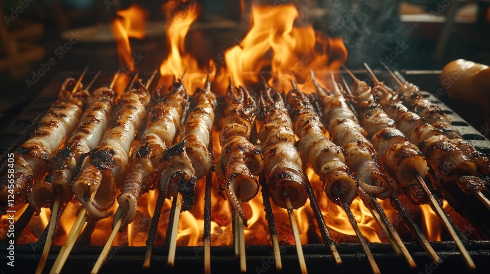 A dynamic shot of a grill filled with skewers of grilled squid, with smoky flames and charred edges creating an enticing visual of outdoor cooking. A dynamic shot of a grill filled with skewers of grilled squid, with smoky flames and charred edges creating an enticing visual of outdoor cooking.