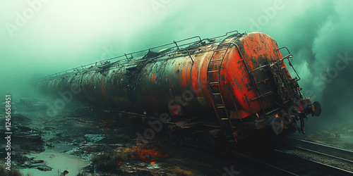 Modern freight train derailment causes significant disaster at an industrial site. Header banner mockup with copy space. photo