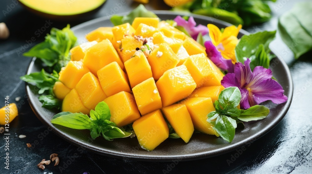A gourmet presentation of mango salad with sweet fish sauce, featuring mixed greens and edible flowers, arranged artistically on a dark plate for elegance. A gourmet presentation of mango salad with sweet fish sauce, featuring mixed greens and edible flowers, arranged artistically on a dark plate for elegance.