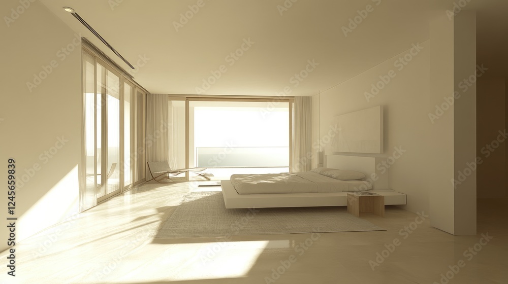 A minimalist white bedroom featuring an open layout, light wood accents, and a simple color palette that emphasizes tranquility and simplicity. A minimalist white bedroom featuring an open layout, light wood accents, and a simple color palette that emphasizes tranquility and simplicity.