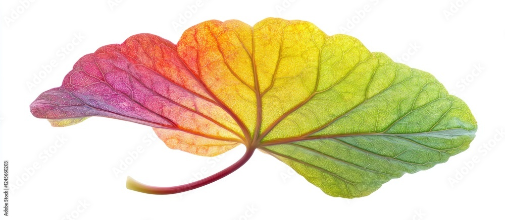 Obraz premium Vibrant Tropaeolum majus leaf in gradient colors of red, orange, yellow, and green, isolated on white background, highlighting intricate details.