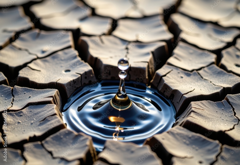 The image showcases a stark contrast between life and desolation A single, glistening water droplet falls onto the surface of a cracked and parched earth.