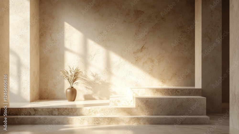 A solid stone podium with a sleek finish and minimalist decor, bathed in soft light A solid stone podium with a sleek finish and minimalist decor, bathed in soft light
