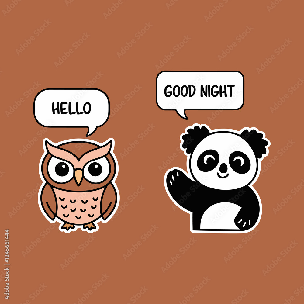 Cartoon Owl and Panda Greeting Design Cartoon Owl and Panda Greeting Design