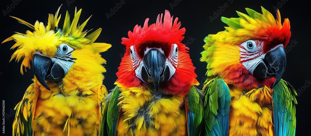 Obraz premium Three vibrant parrots with striking yellow, red, and green feathers are positioned closely together against a dark background, showcasing their colorful plumage.